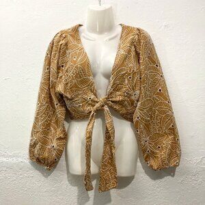 Z&L Crop Top Blouse Eyelet Embroidered Balloon Sleeve V-Neck Brown Tie Front S